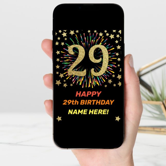 Happy 29th Birthday Black & Gold Rainbow Firework Card (Front Digital)