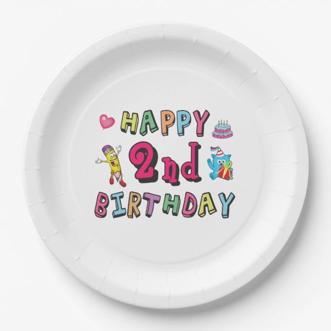 Happy 2nd Birthday. 2 year b-day. Paper Plates (Front)