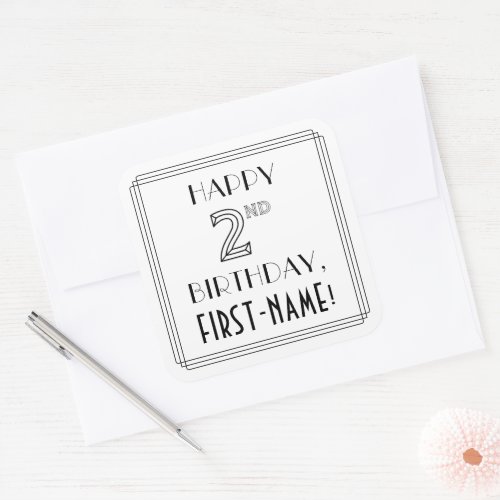 HAPPY 2ND BIRTHDAY Art Deco Style Custom Name Square Sticker