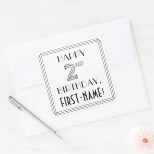 HAPPY 2ND BIRTHDAY, Art Deco Style, Custom Name Square Sticker