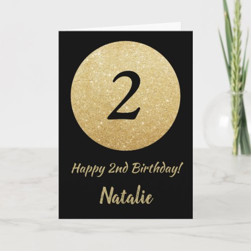 Happy 2nd Birthday Black and Gold Glitter Card