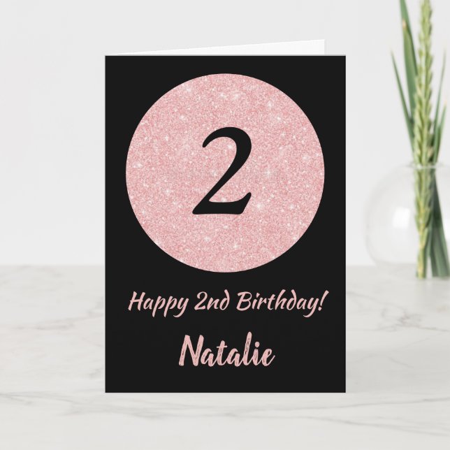 Happy 2nd Birthday Black and Rose Pink Glitter Card (Front)