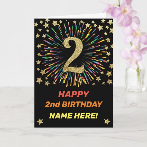 Happy 2nd Birthday Black  Gold Rainbow Firework Card