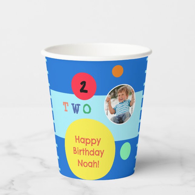 Happy 2nd Birthday Bright Colorful Custom Photo Paper Cups (Front)