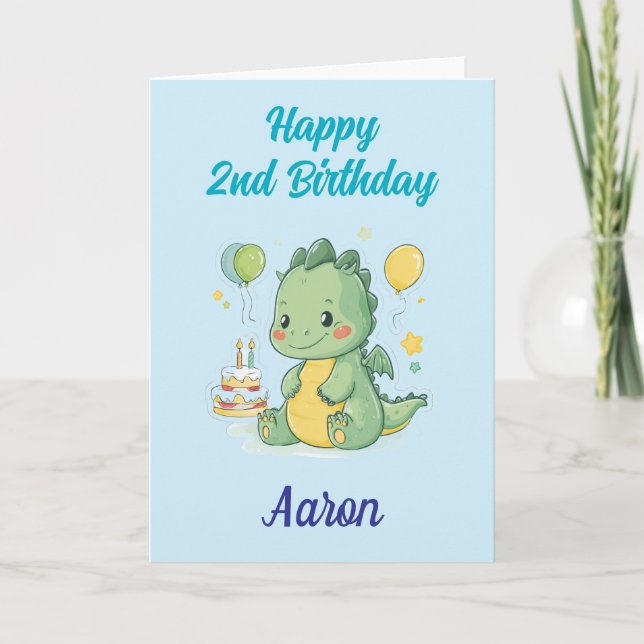 Happy 2nd Birthday, Cute Dragon, Personalized  Card (Front)