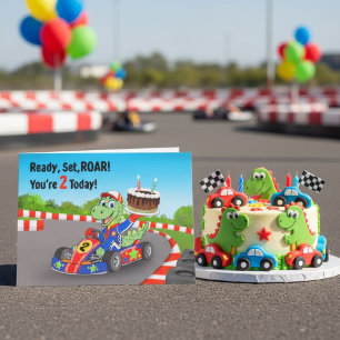 Happy 2nd Birthday Dinosaur Race Car Ready Set  Card