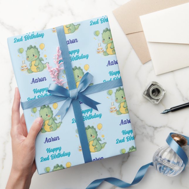 Happy 2nd Birthday, Dragon, Boy, Personalized  Wrapping Paper (Gifting)