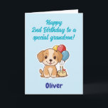Happy 2nd Birthday Grandson, Puppy,  Personalized  Card<br><div class="desc">Two already! Happy 2nd Birthday card for grandson with a happy puppy, a cake with 2 candles and balloons design. 2nd Birthday card from Grandma and Grandpa. Fully customizable message inside, personalize and change as you wish. Instant download possible. Happy second birthday to a cute little, special grandson! Texted and...</div>