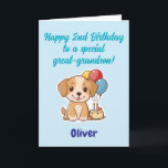 Happy 2nd Birthday Great-Grandson, Puppy,  Card<br><div class="desc">Two already! Happy 2nd Birthday card for great-grandson with happy puppy, cake and balloons. 2nd Birthday card from Great-Grandma (and Great-Grandpa). Fully customizable message inside, personalize and change as you wish. Instant download possible. Happy second birthday to a special great-grandson! Texted and designed by Best Baby Gifts - given with...</div>