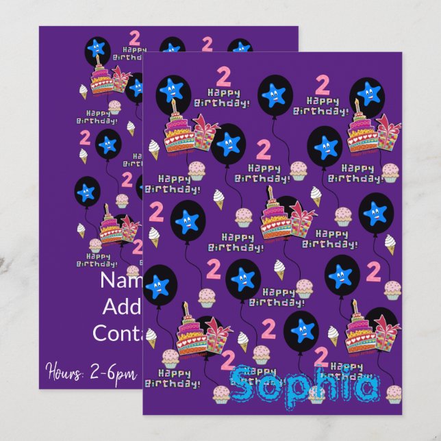 Happy 2nd Birthday Invitation #2 Purple (Front/Back)