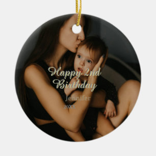 Happy 2nd birthday kids baby mother yellow gray na ceramic ornament