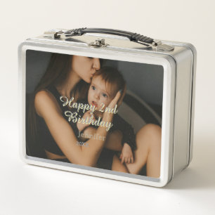 Happy 2nd birthday kids baby mother yellow gray na metal lunch box