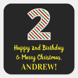 Happy 2nd Birthday & Merry Christmas, Custom Name Square Sticker