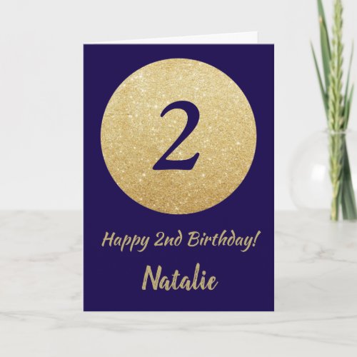 Happy 2nd Birthday Navy Blue and Gold Glitter Card