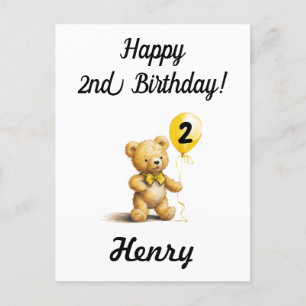 Happy 2nd Birthday, Personalized Teddy Bear Card, Postcard