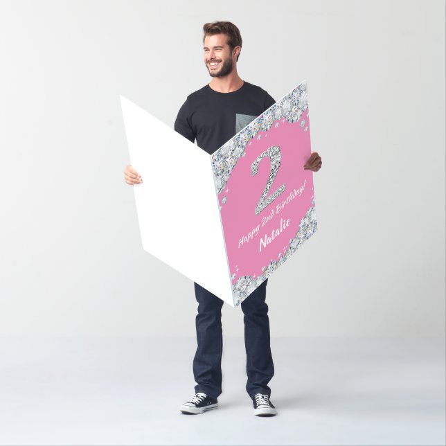 Happy 2nd Birthday Pink and Silver Glitter Jumbo Card (In Situ)