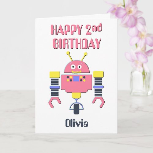 Happy 2nd Birthday Pink Robot Card