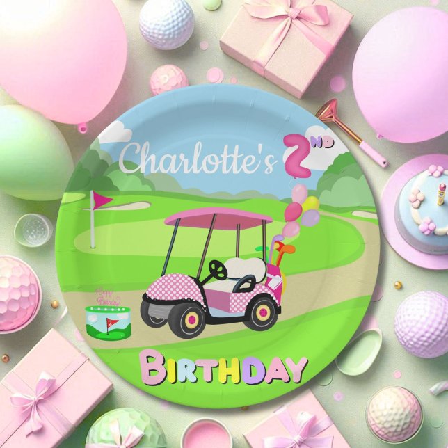 Happy 2nd Birthday Polka Dot Pink Girly Golf  Paper Plates (Creator Uploaded)