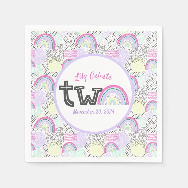 Happy 2nd Birthday Rainbow 90's Baby Girl's Party Napkins (Front)