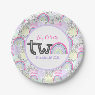 Happy 2nd Birthday Rainbow 90's Baby Girl's Party Paper Plates