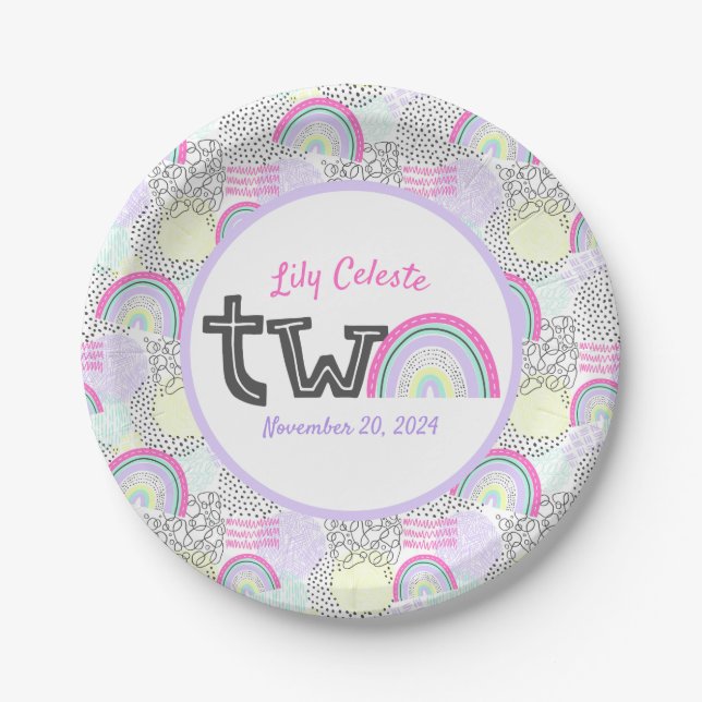 Happy 2nd Birthday Rainbow 90's Baby Girl's Party Paper Plates (Front)