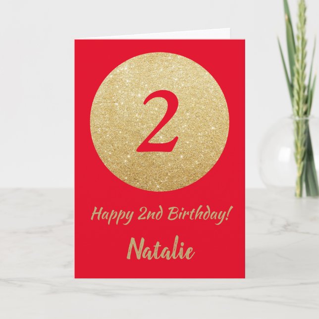 Happy 2nd Birthday Red and Gold Glitter Card (Front)