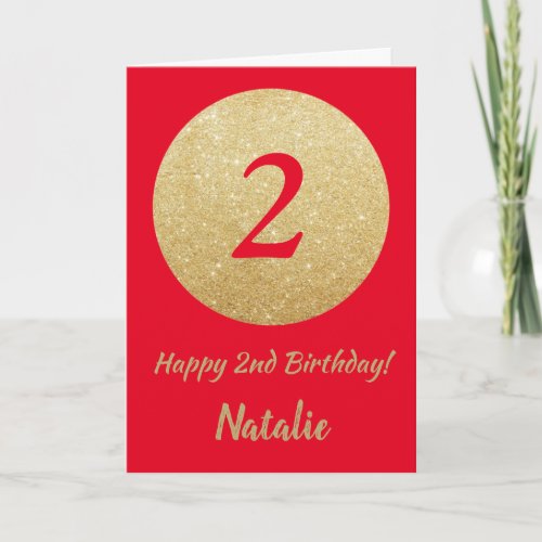 Happy 2nd Birthday Red and Gold Glitter Card