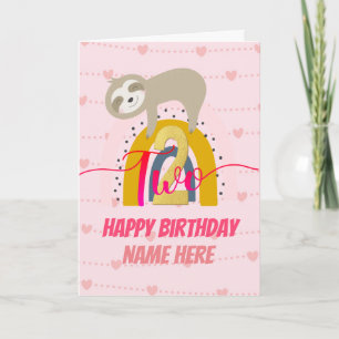 Happy 2nd Birthday Sloth Rainbow Pink & Gold Girl Card