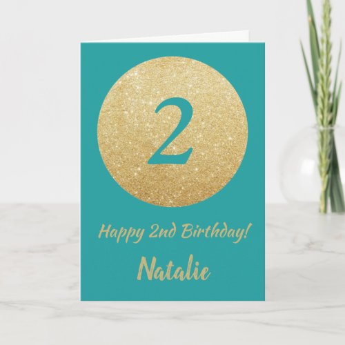 Happy 2nd Birthday Teal and Gold Glitter Card