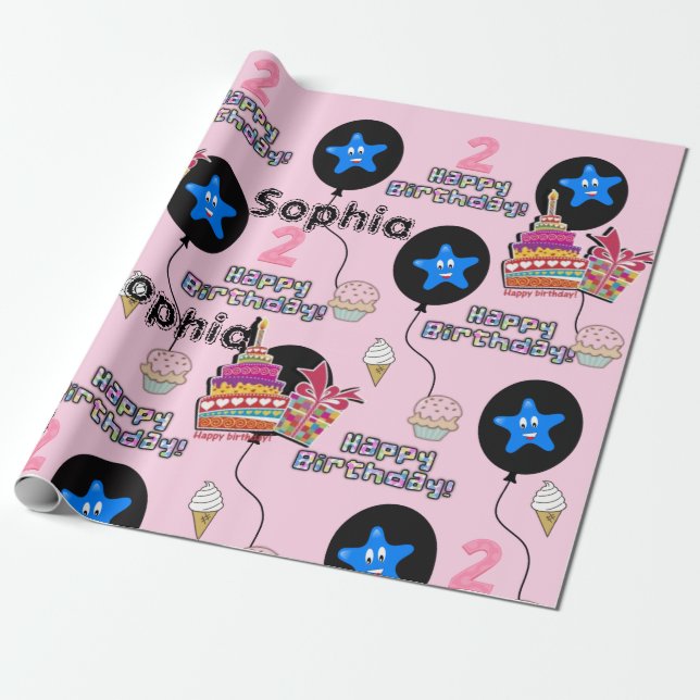 Happy 2nd Birthday Wrapping Paper Balloons #2 Pink (Unrolled)