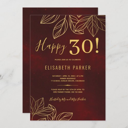 Happy 30 elegant gold and red 30th birthday party invitation