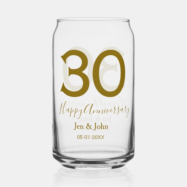 Happy 30th anniversary name date golden bold lette can glass (Front)