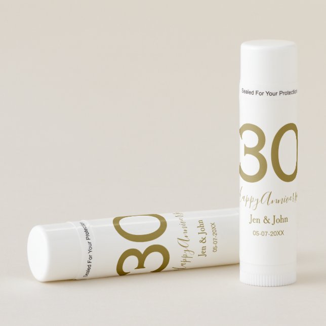 Happy 30th anniversary name date golden bold lette lip balm (Front)