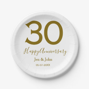 Happy 30th anniversary name date golden bold lette paper plates