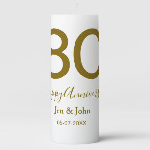 Happy 30th anniversary name date golden bold lette pillar candle