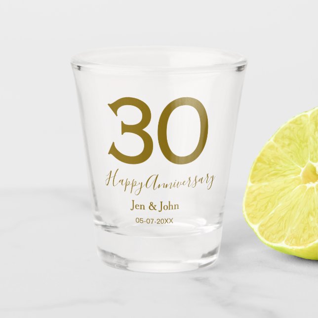 Happy 30th anniversary name date golden bold lette shot glass (Front)