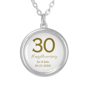 Happy 30th anniversary name date golden bold lette silver plated necklace