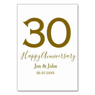 Happy 30th anniversary name date golden bold lette table number