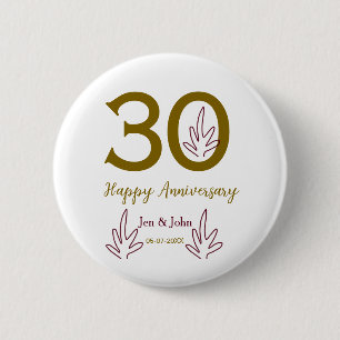 Happy 30th anniversary name date golden red leaf button
