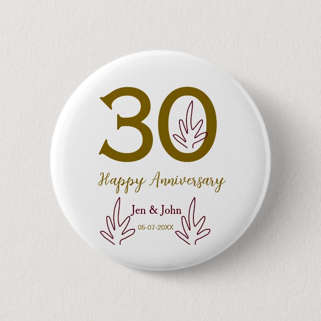 Happy 30th anniversary name date golden red leaf button (Front)