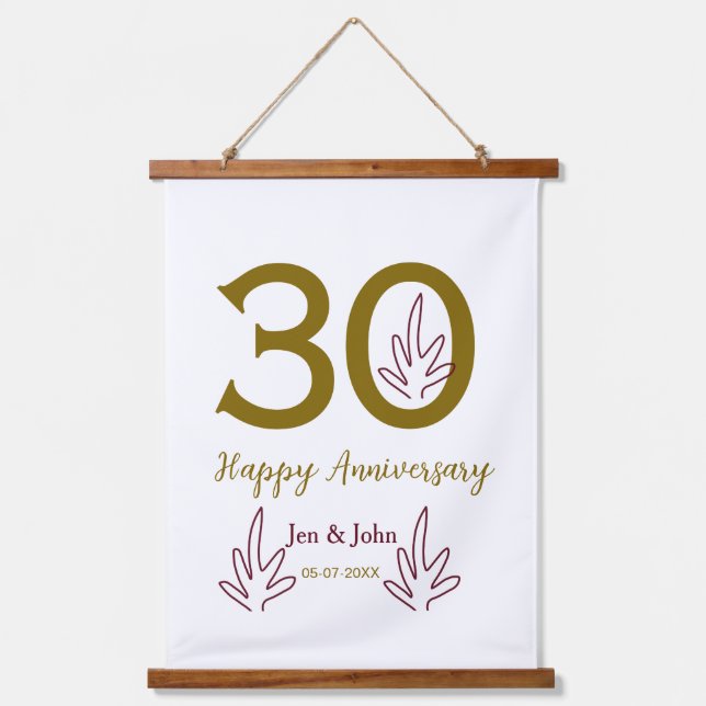 Happy 30th anniversary name date golden red leaf hanging tapestry (Front)