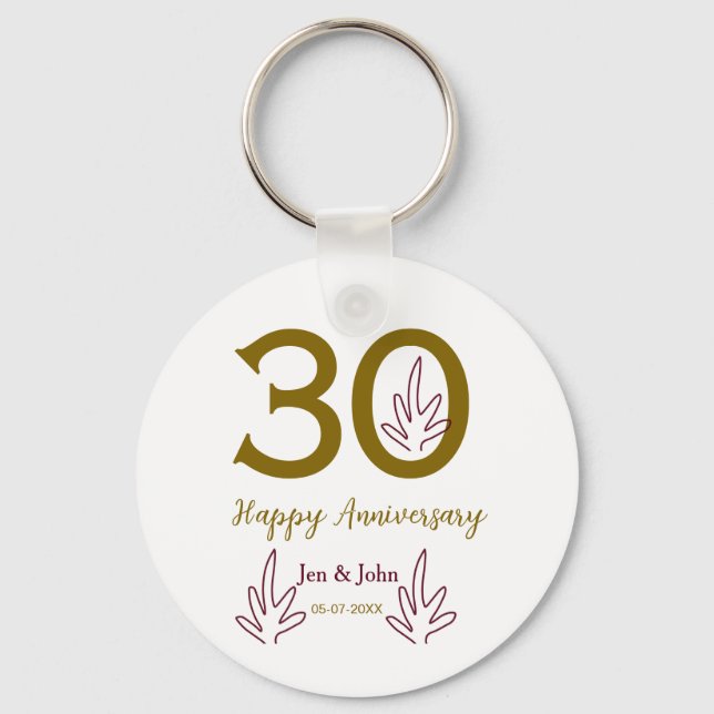 Happy 30th anniversary name date golden red leaf keychain (Front)