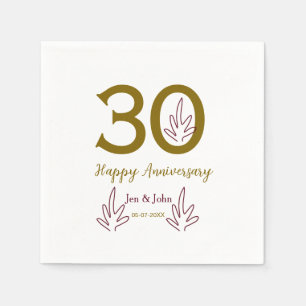 Happy 30th anniversary name date golden red leaf napkins