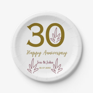 Happy 30th anniversary name date golden red leaf paper plates