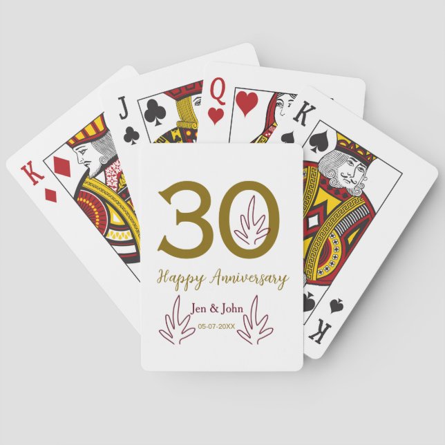 Happy 30th anniversary name date golden red leaf poker cards (Back)