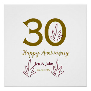 Happy 30th anniversary name date golden red leaf poster