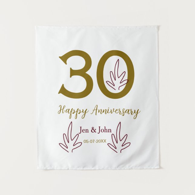 Happy 30th anniversary name date golden red leaf tapestry (Front)
