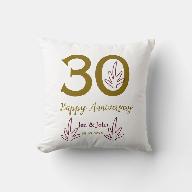 Happy 30th anniversary name date golden red leaf throw pillow (Front)