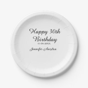 Happy 30th birthday add name date stylish simple paper plates