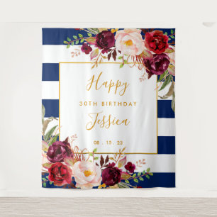 Happy 30th Birthday Backdrop, Navy Blue White Red